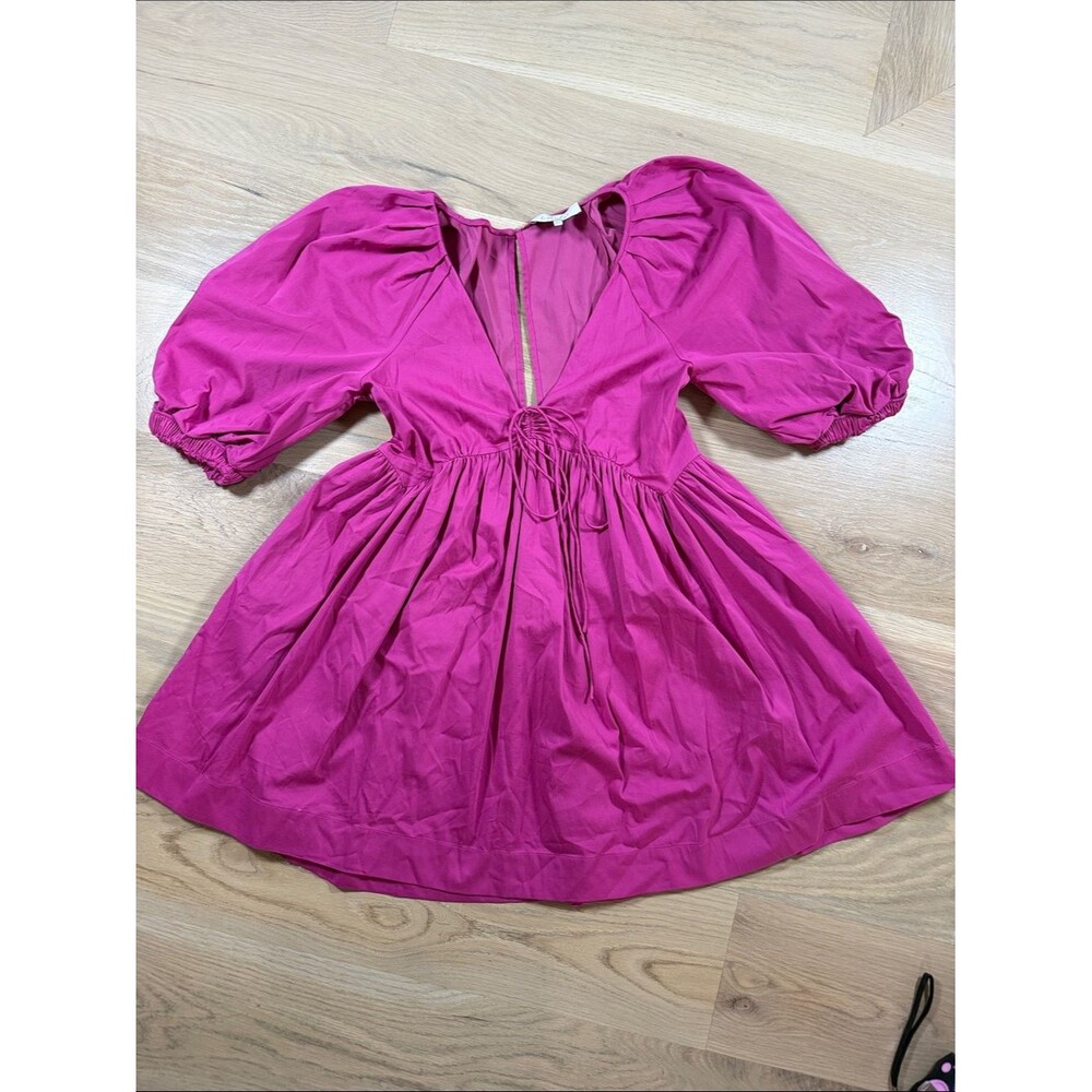 L'Academie Magenta Pink Puff Sleeve Drawstring Babydoll Mini Dress Small Revolve